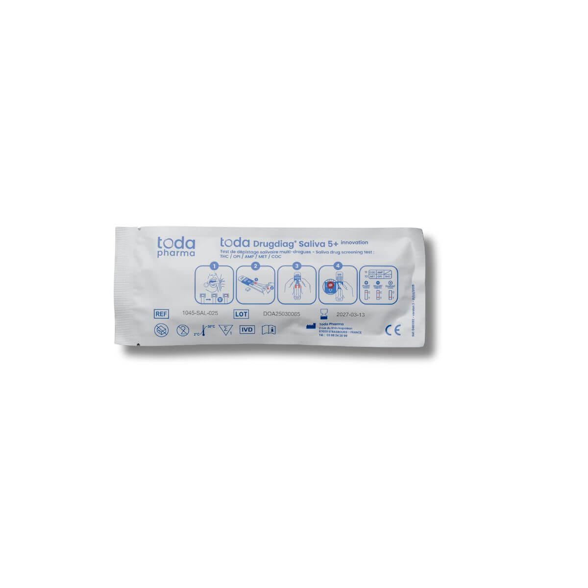 Verso du test salivaire Drugdiag® Saliva Innovation 8 NPS avec informations de dépistage