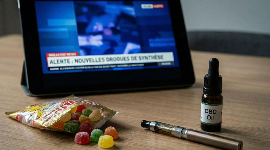 Tablette diffusant une alerte sur les nouvelles drogues de synthèse, entourée de bonbons gummies piégés, d'une cigarette électronique puff et de faux CBD, illustrant les dangers du PTC et de la 3-MMC.