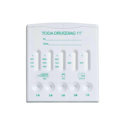 Photographie du Test Urinaire 11 Drogues Drugdiag® 11 pour le dépistage de . Matériel médical Norme CE, Fabriqué en France.