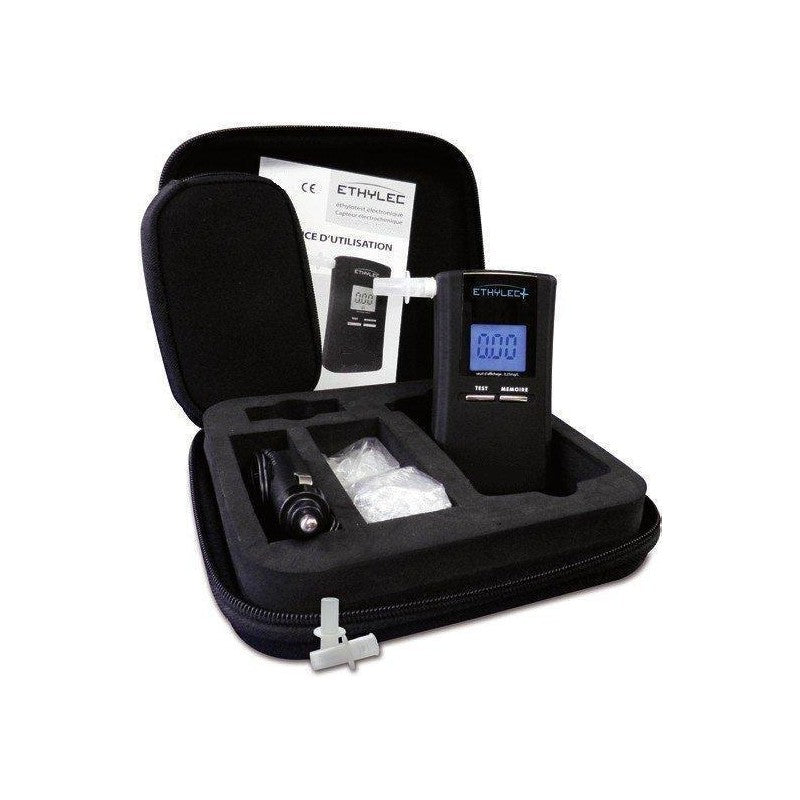 Mallette de transport rigide pour éthylotest Ethylec Plus, incluant l'appareil certifié NF, des piles de rechange et des embouts buccaux pour un kit de dépistage complet et mobile.