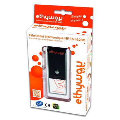 Détail et emballage du Éthylotest Électronique ETHYWAY V2. Solution de prévention professionnelle (Norme CE, Fabriqué en France).